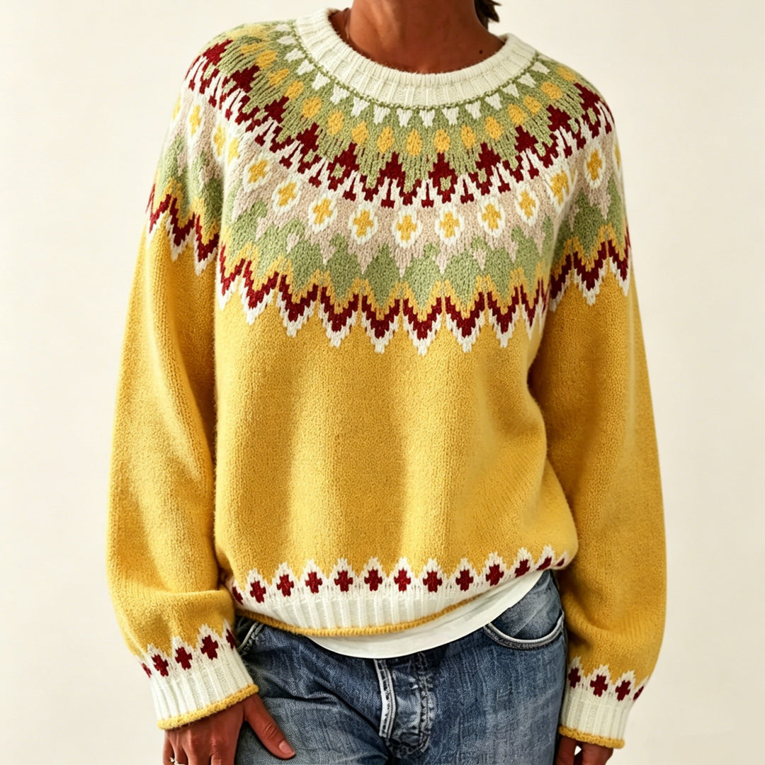 Women Round Neck Norwegian Sweater with Fair Isle Jacquard Mune Fashion