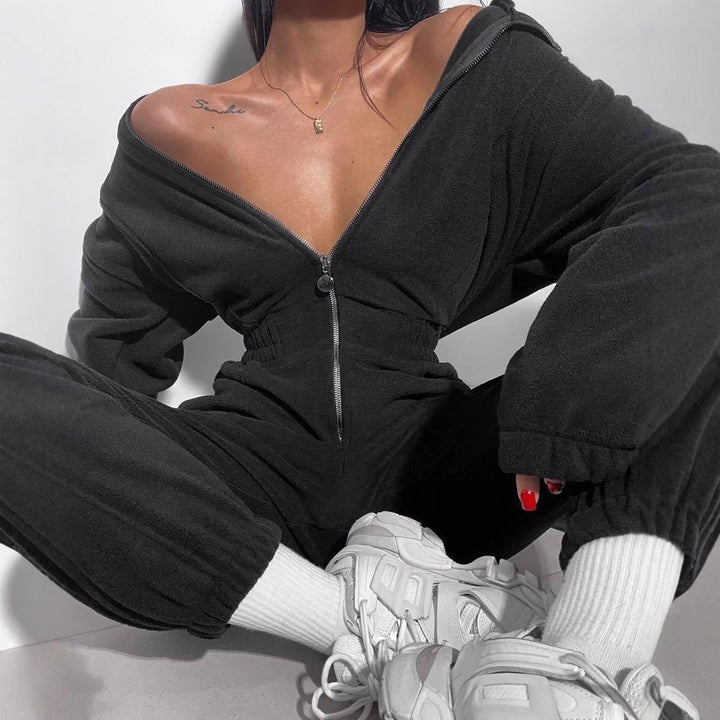 Women's hooded jumpsuit with fitted drawstring, full-length zipper and cuffs