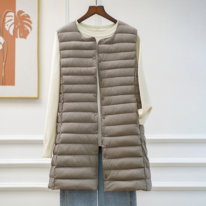 Women's long ultra-lightweight quilted vest with round neckline and snap button closure Mune Fashion