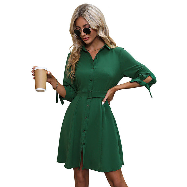 Women Knee-Length Shirt Dress with Waist Belt and Bow Sleeves Mune Fashion