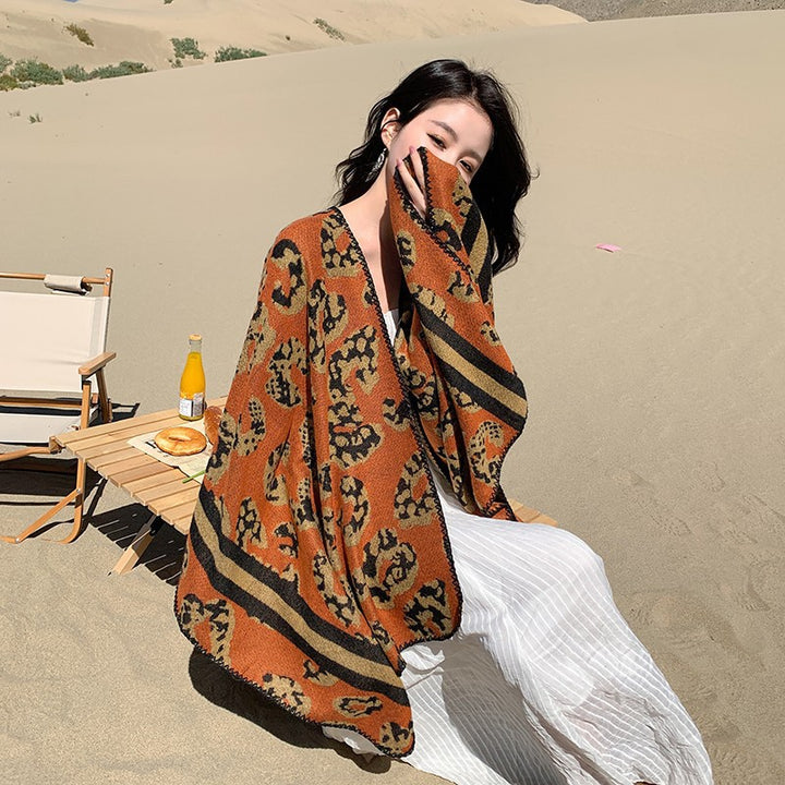 Women Oversize Poncho in Knit Wool Blend with Leopard Jacquard and V-Neck