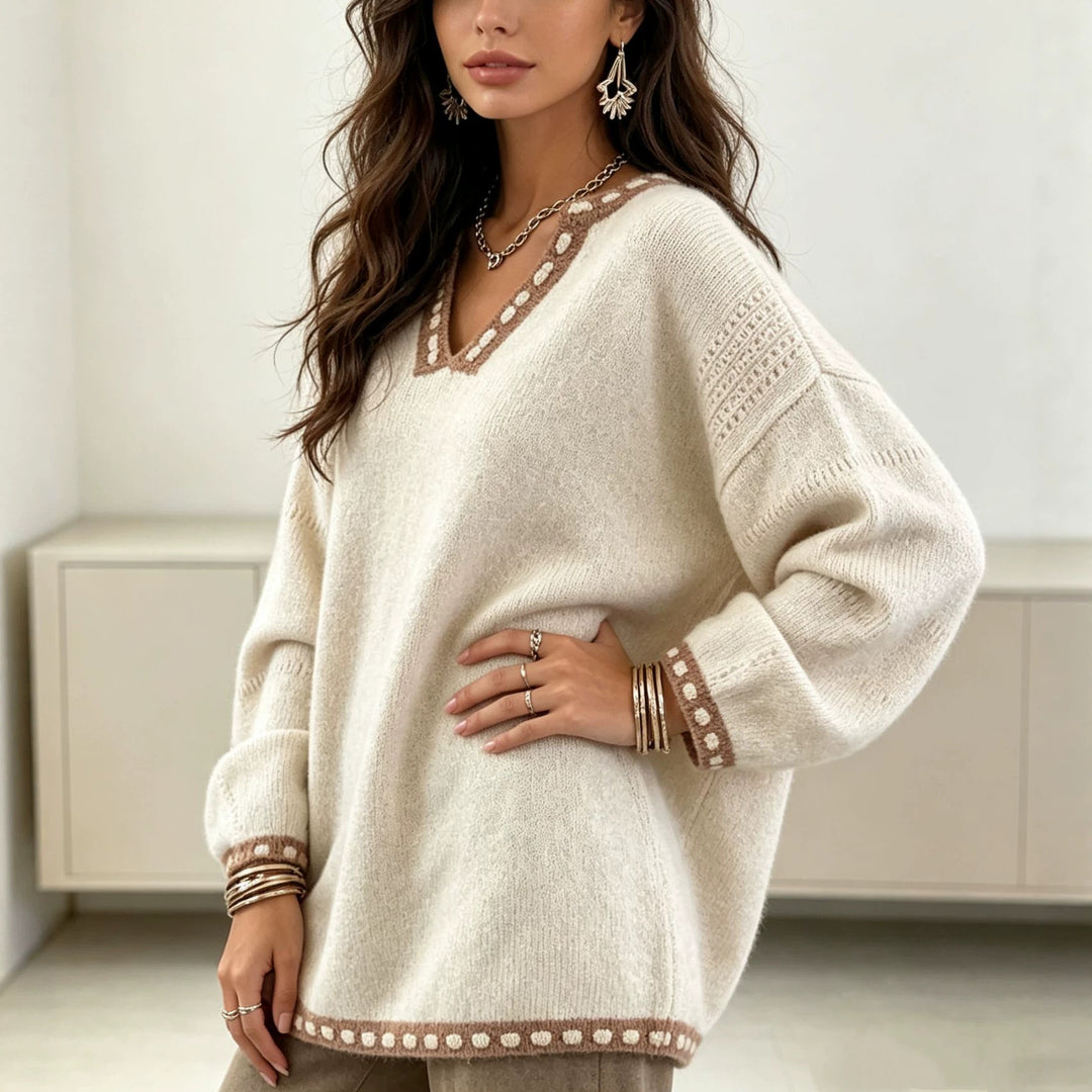 Women's Oversize V-Neck Knit Sweater with Contrasting Dot Border and Balloon Sleeves Mune Fashion