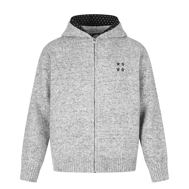 Women's Zip Hoodie Cardigan with Polka Dot Hood Lining and Star Embroidery Mune Fashion