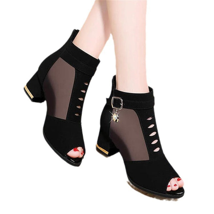 Women's Peep-Toe Ankle Boot with Transparent Mesh Inserts, Cut-Out Details, Decorative Buckle and Medium Block Heel Mune Fashion