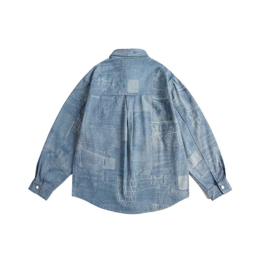 Unisex Oversized-Denim-Shirt Jacket with Patchwork Print and Snap Button Placket Mune Fashion