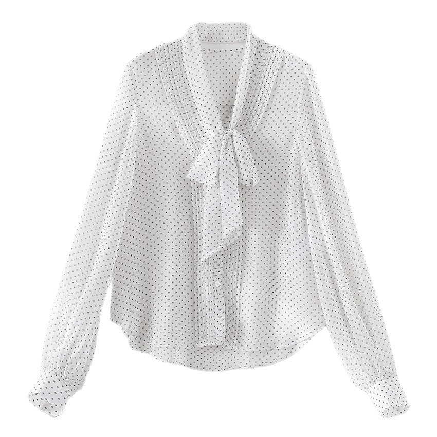 Women's chiffon blouse with bow collar, fine polka dot print and decorative pleats Mune Fashion