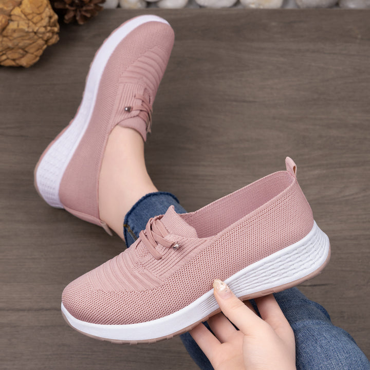 Women's lightweight knitted slip-on casual shoe with elastic entry, decorative lacing, and cushioning lightweight profile sole Mune Fashion