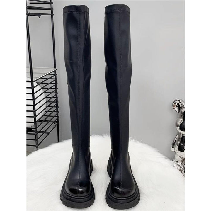 Women's Thigh-High Stretch Boots with Sleek Shaft and Shaped Platform Sole Mune Fashion