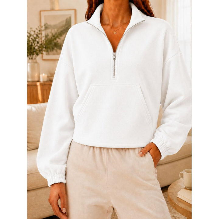 Women's Short Cut Sweatshirt Sweater with Half Zipper and Kangaroo Pocket Mune Fashion