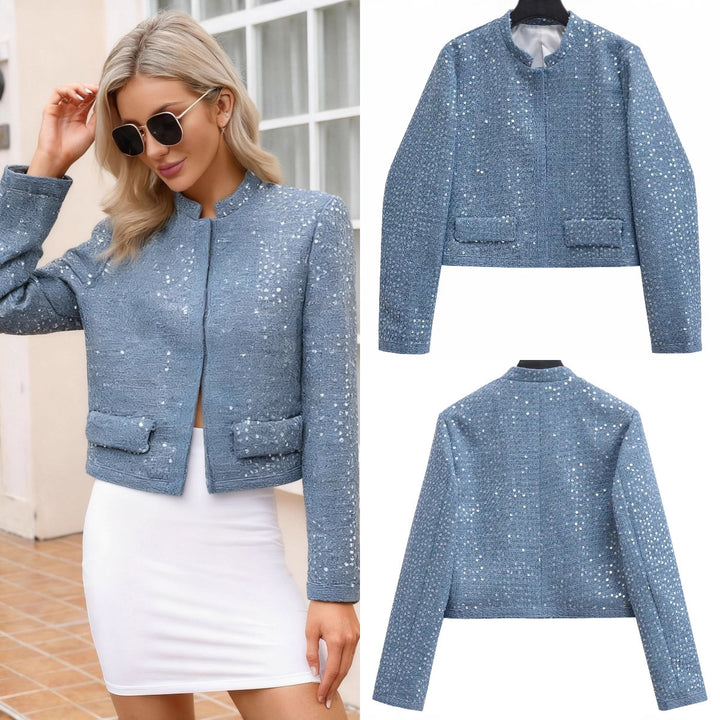 Women's Short Blazer Made of Boucle Tweed with Sequins and Flap Pockets Mune Fashion