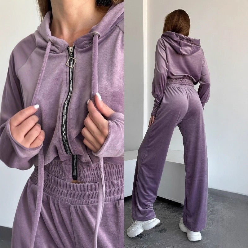 Ladies Velvet Lounge Set with Cropped Hooded Jacket and High-Waist Wide Leg Mune Fashion