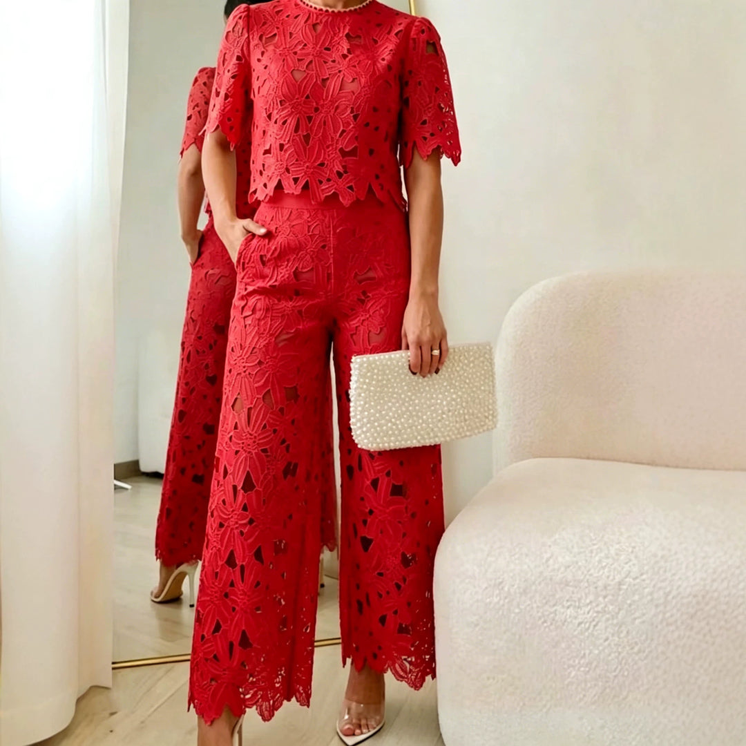 Ladies' two-piece set in Guipure lace with a cropped top, scalloped hem, and high-waisted wide Palazzo pants Mune Fashion