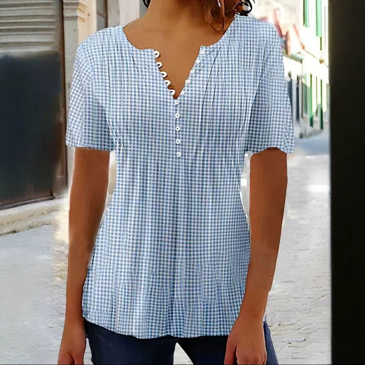 Ladies' lightweight checked blouse with V-neck, decorative button placket and tiered ruffle Mune Fashion