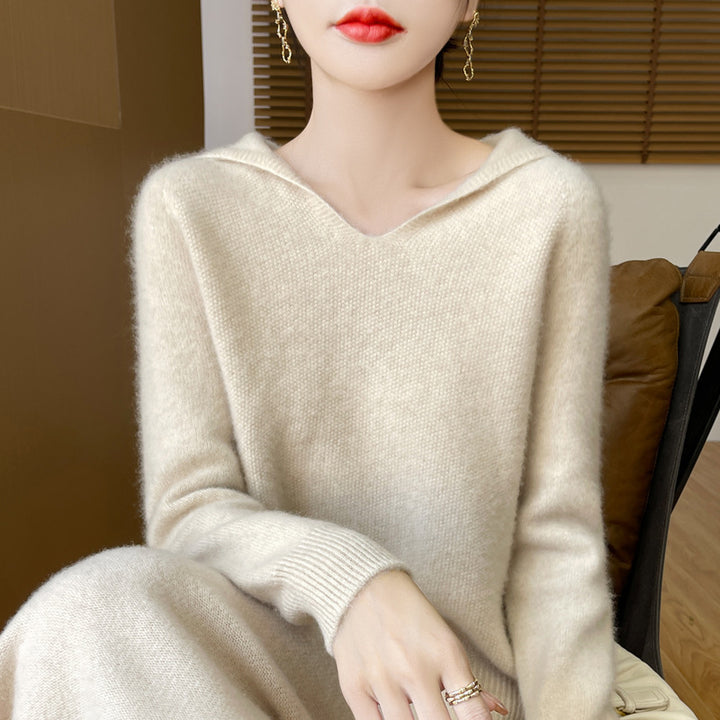 Women's Soft Mohair-Optic Hooded Sweater with V-Neck and Ribbed Hem