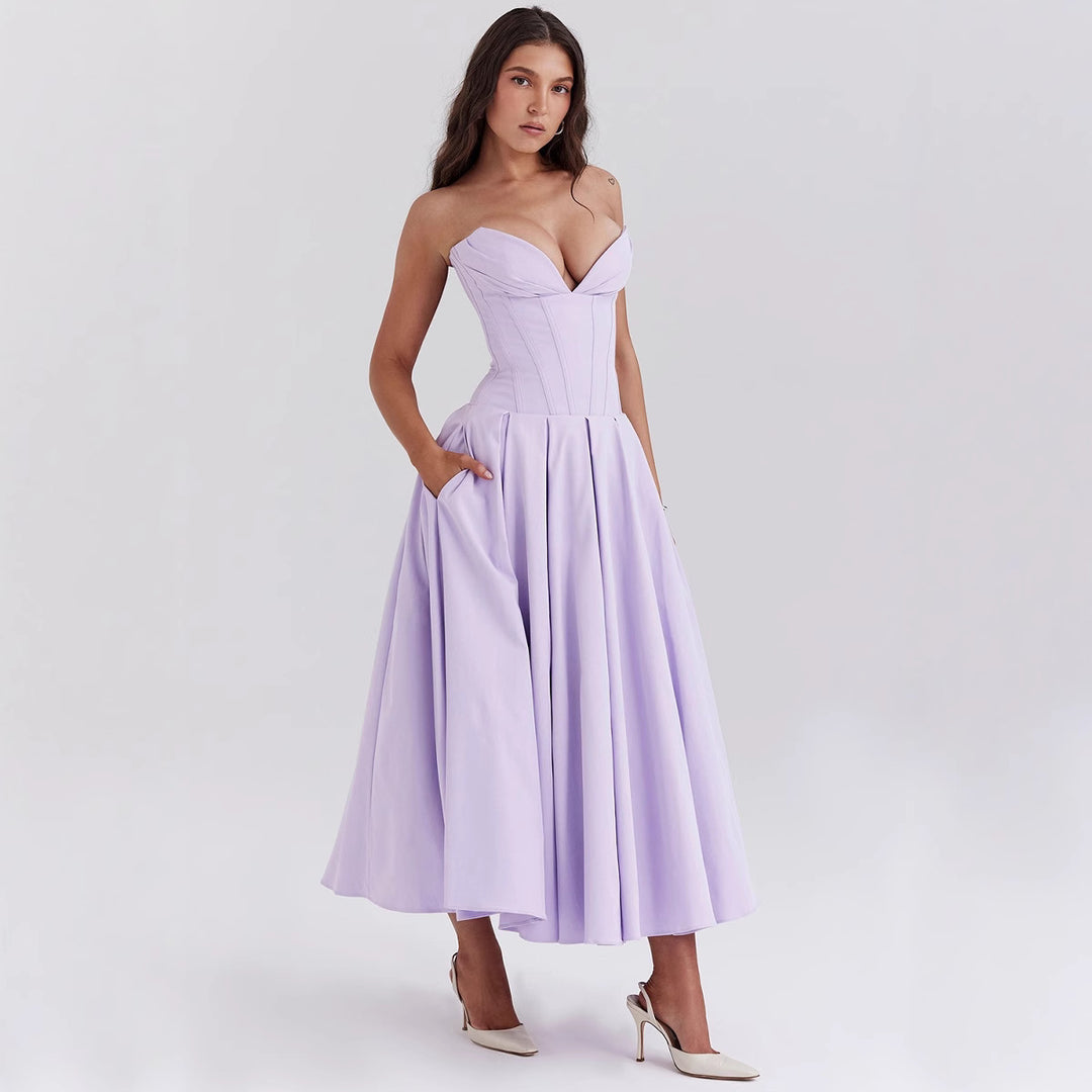Women's strapless corset midi dress with pre-shaped bodice construction and flared circle skirt Mune Fashion
