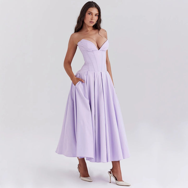 Women's strapless corset midi dress with pre-shaped bodice construction and flared circle skirt Mune Fashion