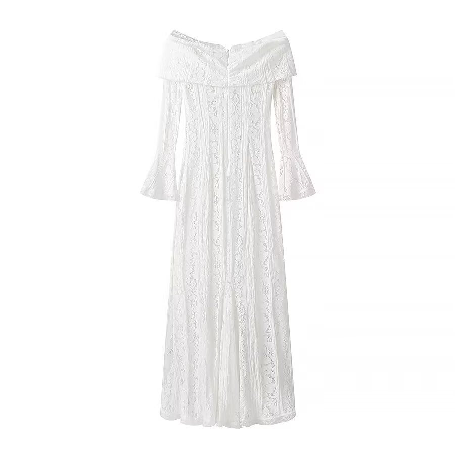 Ladies maxi dress made of lace with off-shoulder Carmen neckline and bell sleeves Mune Fashion