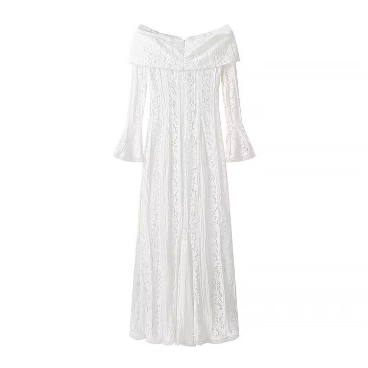 Ladies maxi dress made of lace with off-shoulder Carmen neckline and bell sleeves Mune Fashion