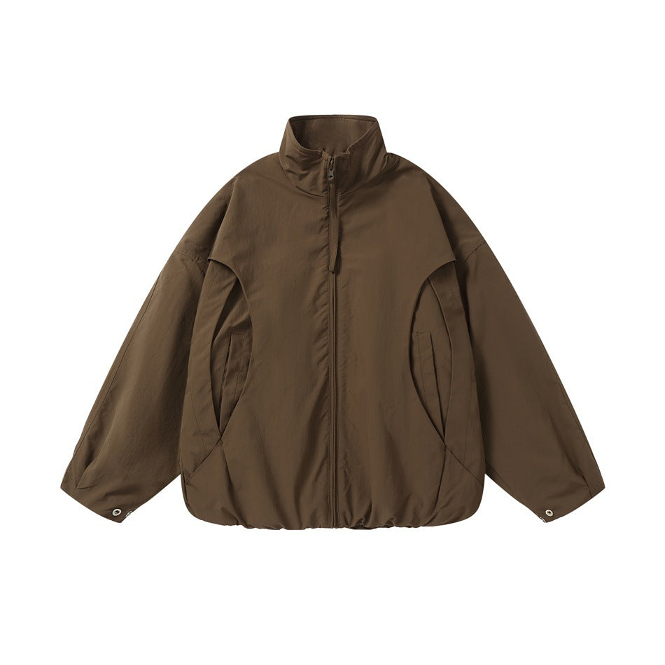 Unisex Short-cut Oversize Boxy Blouson with High Stand-up Collar, Curved Pocket Design and Elastic Hem Mune Fashion