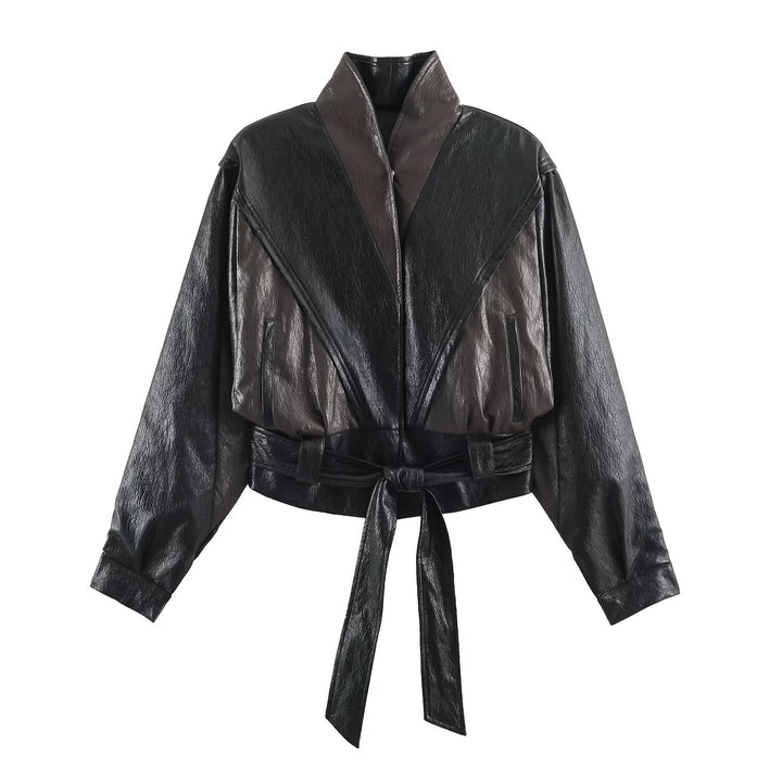 Women's short jacket in blouson style with high collar and tie belt Mune Fashion