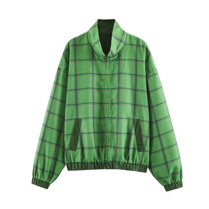 Women's Lightweight Checked Bomber Jacket with Stand-Up Collar, Concealed Zipper and Elastic Hem Mune Fashion