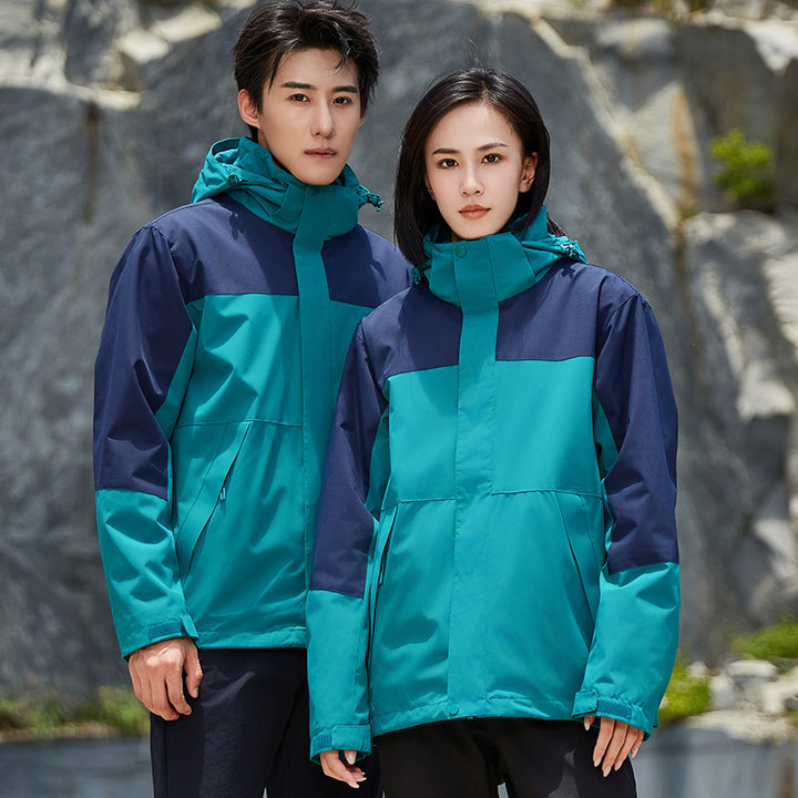Unisex two-layer water-repellent outdoor jacket with hood and color block design Mune Fashion