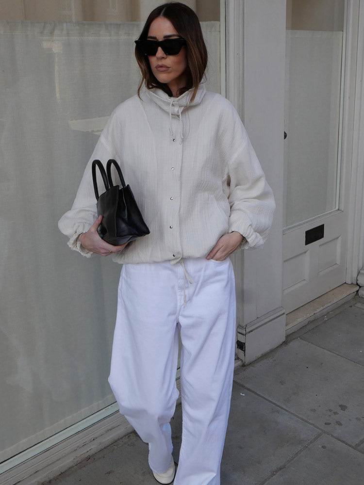 Women's Lightweight Hooded Blouson Jacket made of Cotton Muslin with Drawstring Mune Fashion