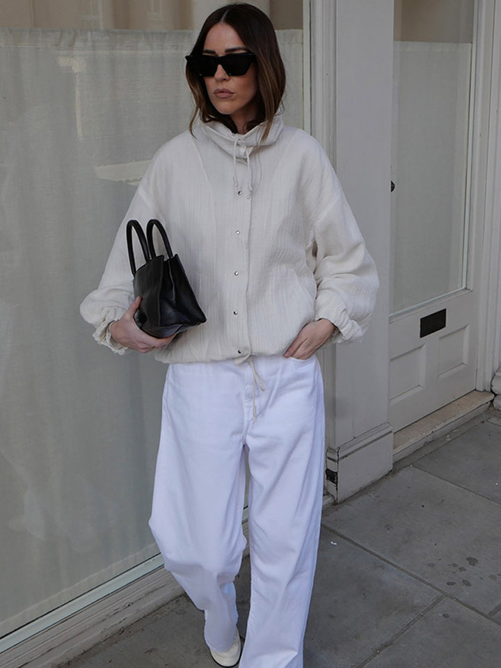 Women's Lightweight Hooded Blouson Jacket made of Cotton Muslin with Drawstring Mune Fashion