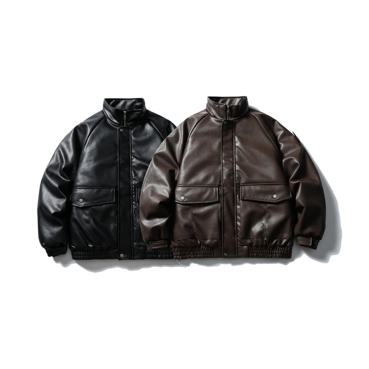 Men's Padded Faux Leather Bomber Jacket with High Stand-up Collar and Flap Pockets Mune Fashion