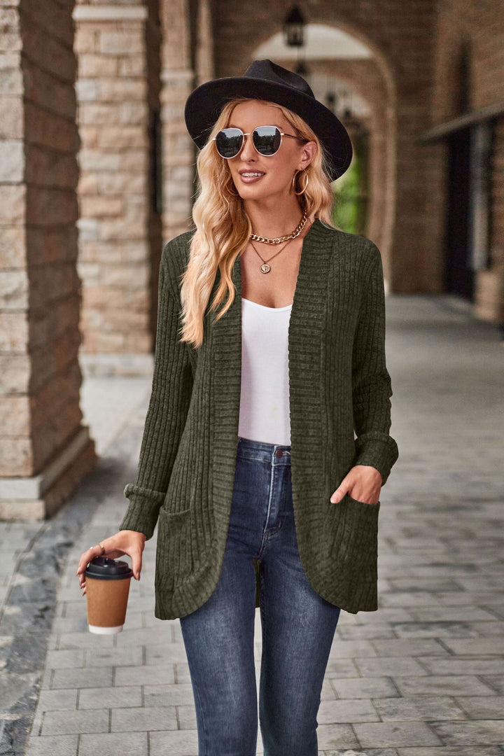 Women's longer ribbed cardigan with patch pockets and open front Mune Fashion