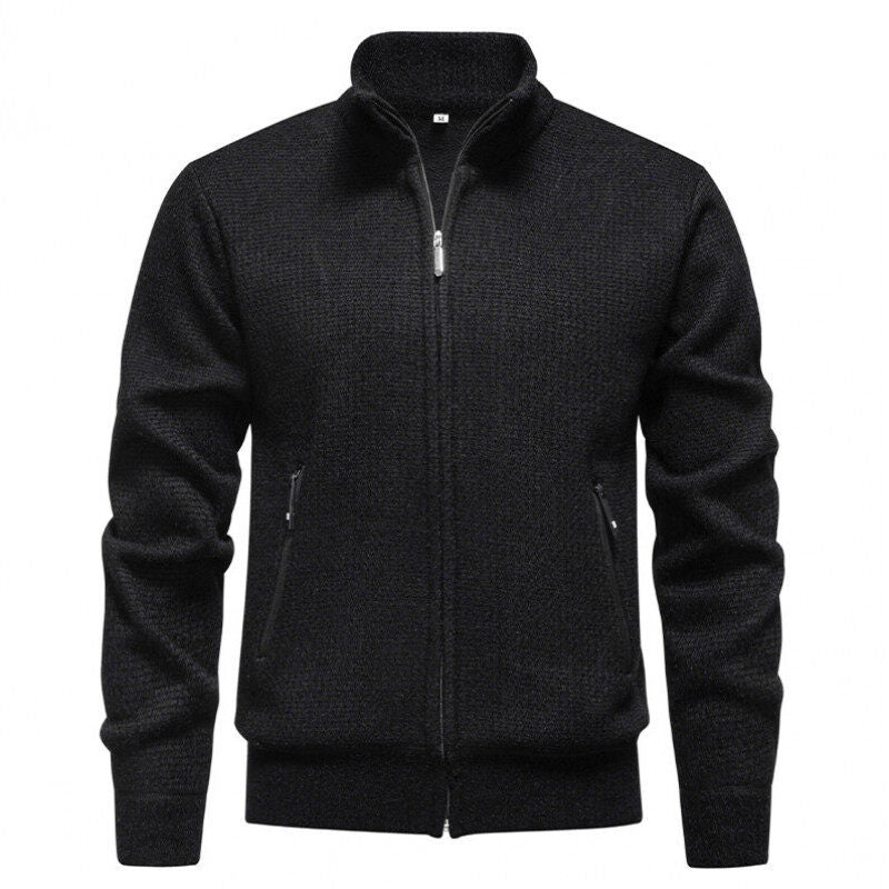 Men's Textured Zip Knit Cardigan with Stand Collar, Waffle Texture and Zipper Pockets Mune Fashion