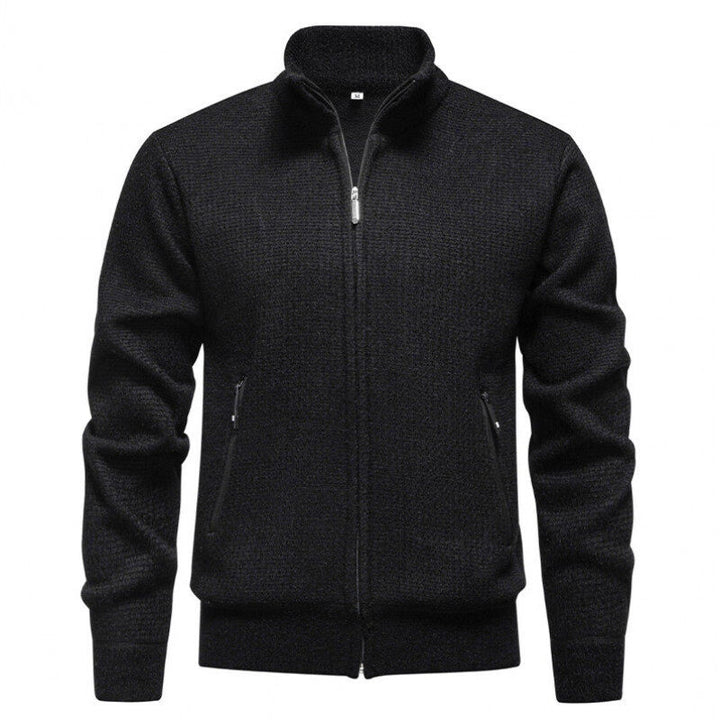 Men's Textured Zip Knit Cardigan with Stand Collar, Waffle Texture and Zipper Pockets Mune Fashion