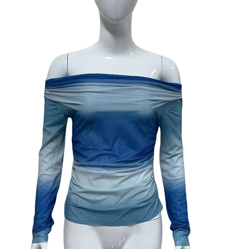 Women Off-shoulder Mesh Long Sleeve with Ruching and Light Transparency Mune Fashion