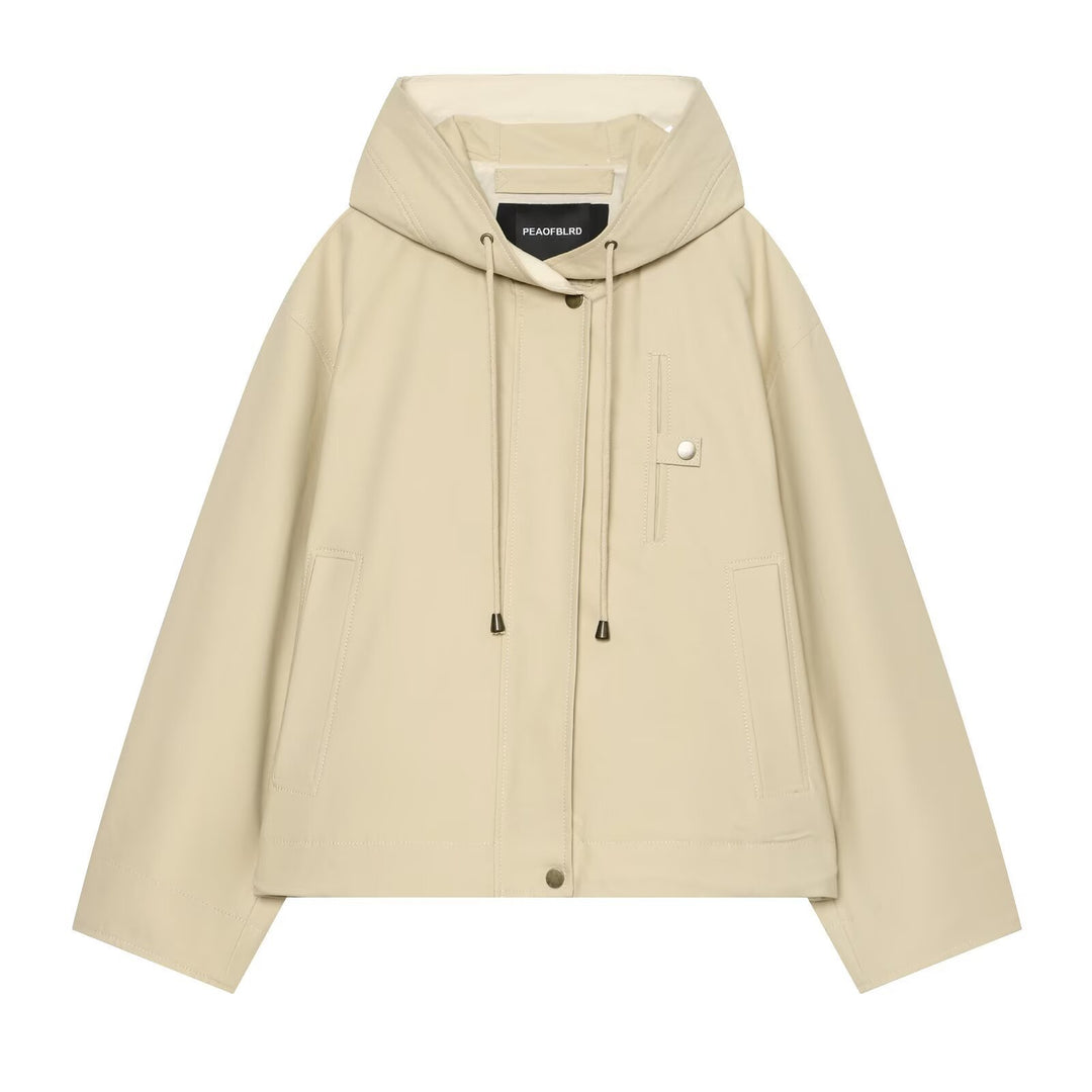 Women's Short Hooded Jacket with Drawstring, Concealed Snap Placket and Patch Pockets Mune Fashion