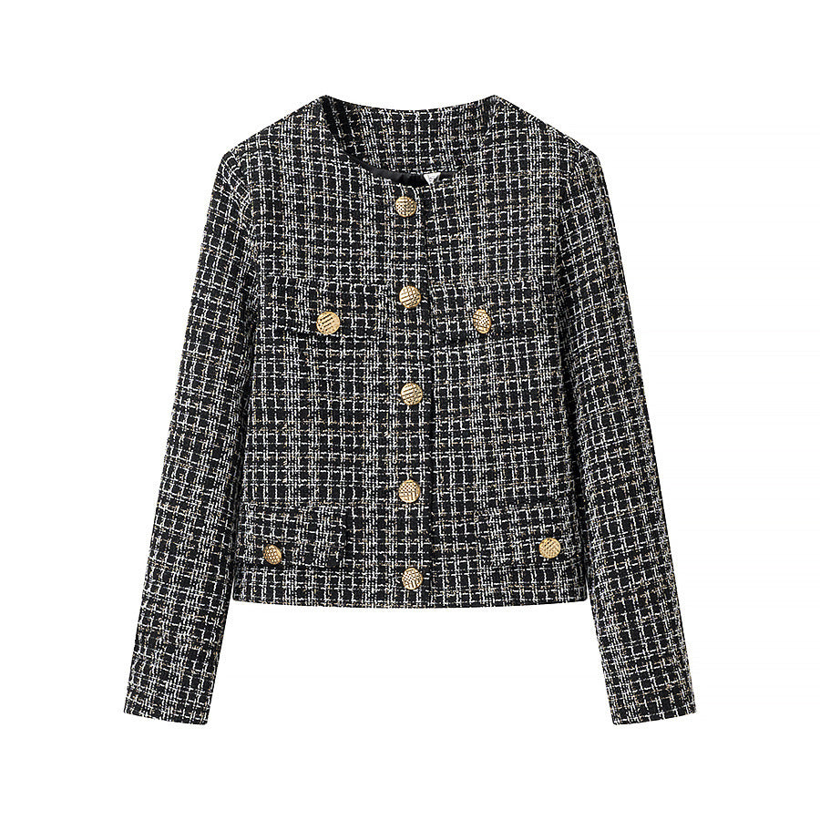 Women's Boucle Tweed Jacket with Round Neckline, Gold Decorative Buttons and Patch Pockets Mune Fashion