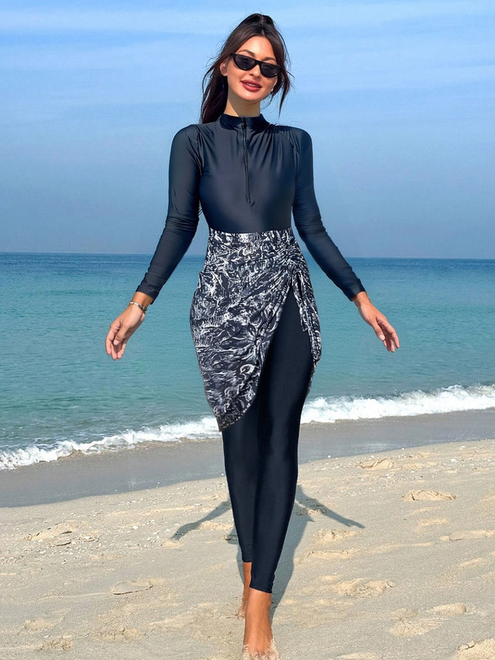 Women's Sporty Long Sleeve Swimwear with Wrap Skirt Mune Fashion