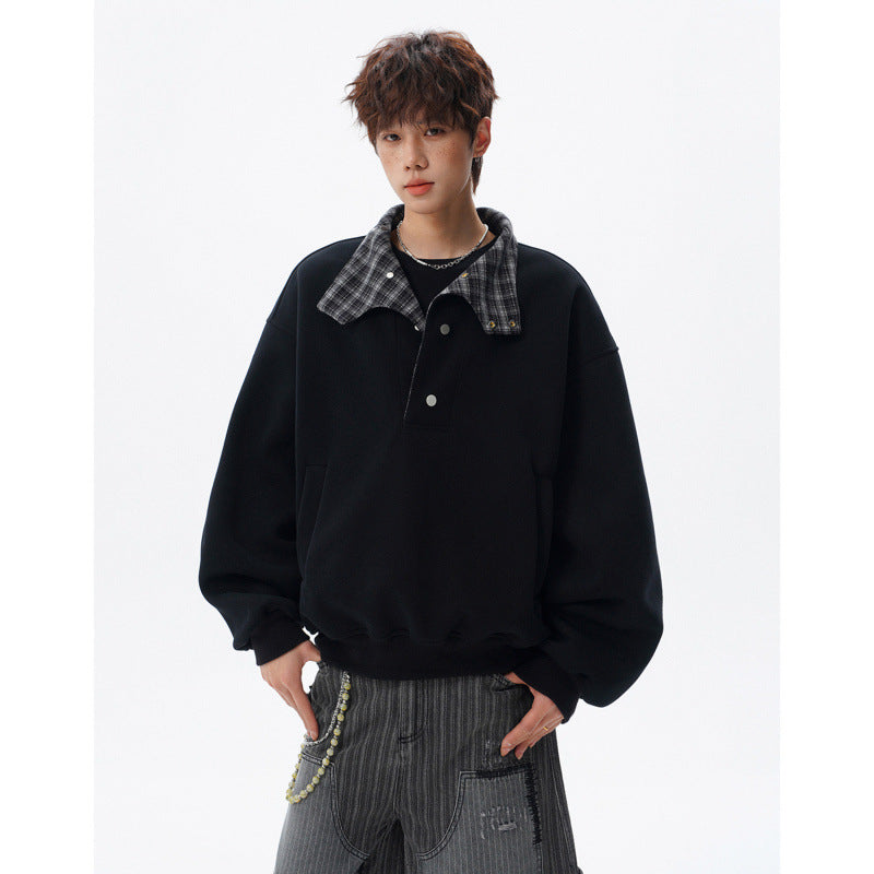 Unisex Oversized Sweatshirt with detachable checked collar and snap button placket Mune Fashion