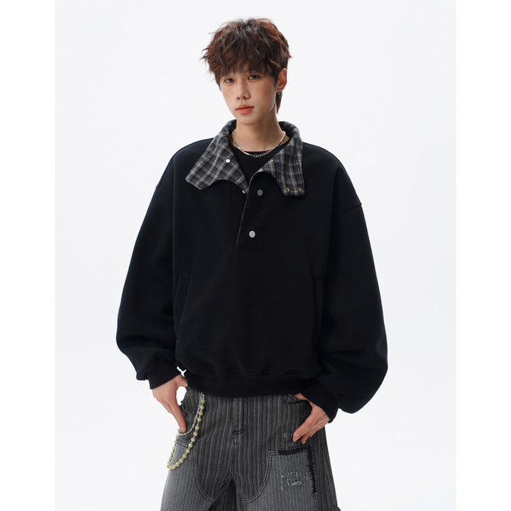 Unisex Oversized Sweatshirt with detachable checked collar and snap button placket Mune Fashion