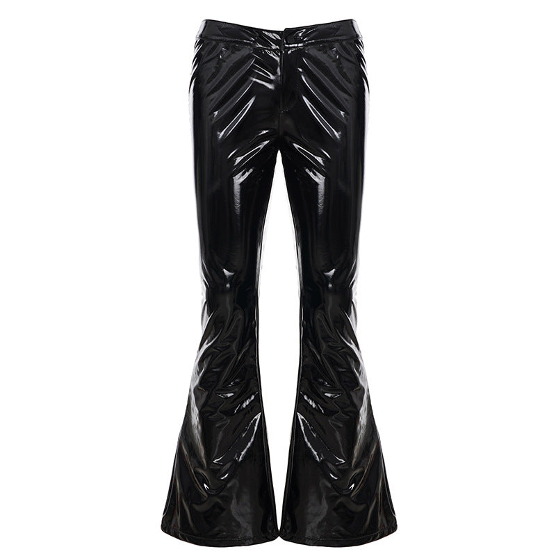 Women's high-gloss patent pants with a high waist, form-fitting thigh cut, and wide flare Mune Fashion