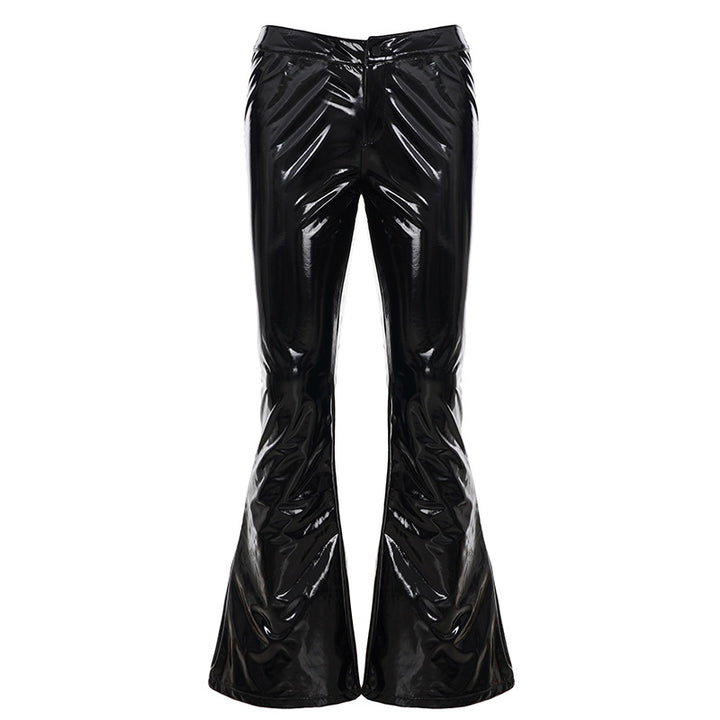 Women's high-gloss patent pants with a high waist, form-fitting thigh cut, and wide flare Mune Fashion