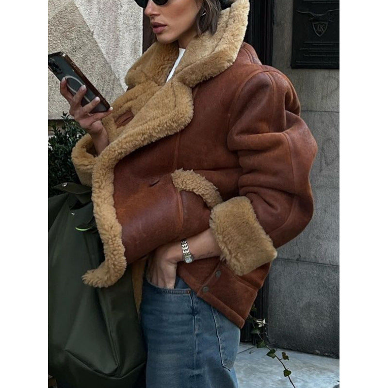 Women's Oversize Sheepskin-Look Aviator Jacket with Voluminous Shawl Collar Mune Fashion