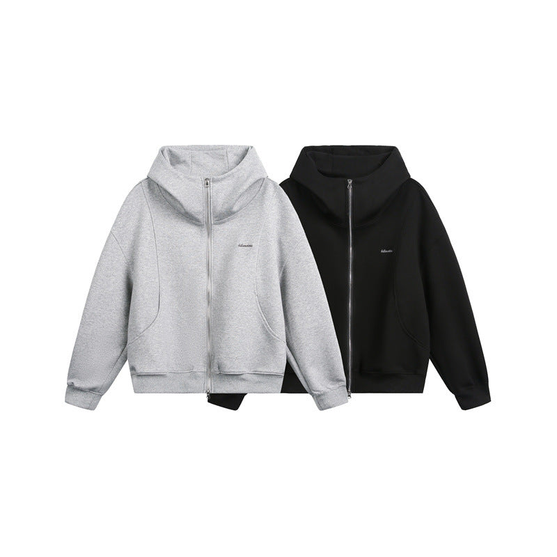 Women Loose Fit Zip Hoodie with High Funnel Neck and Two-Way Function Mune Fashion