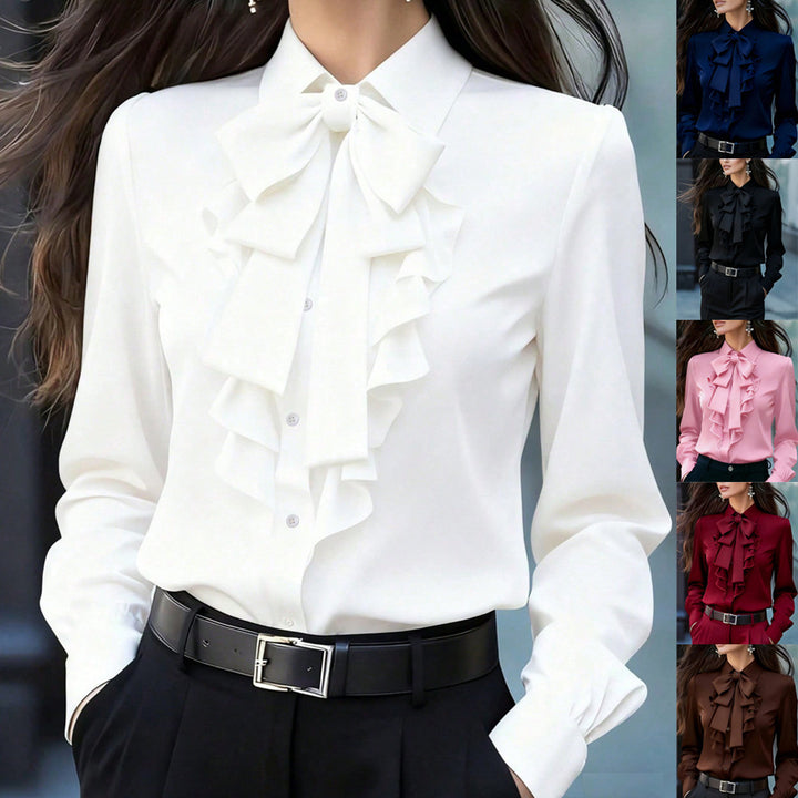Women's Ruffled Blouse with Bow Collar and Ruffle Front Mune Fashion