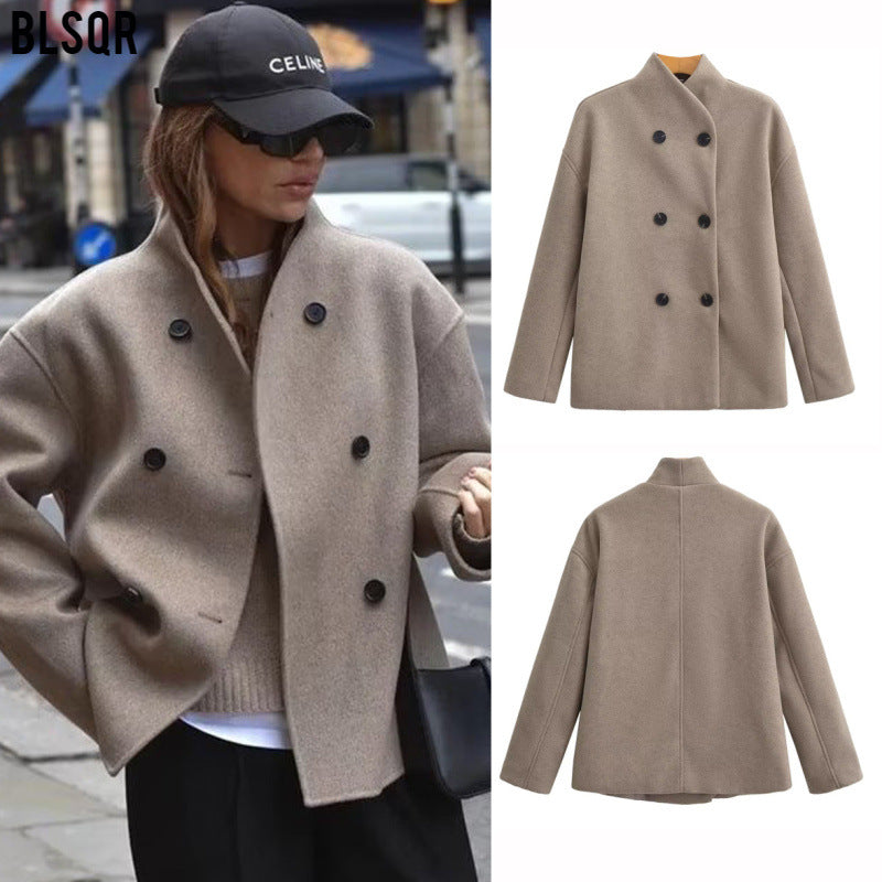 Women Oversized Double-Breasted Wool Coat with Stand-Up Collar Mune Fashion