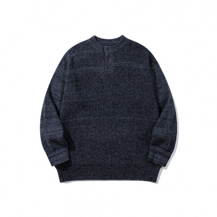 Unisex Oversize Chunky Knit Henley Sweater with Melange Structure and Ribbed Finishes Mune Fashion