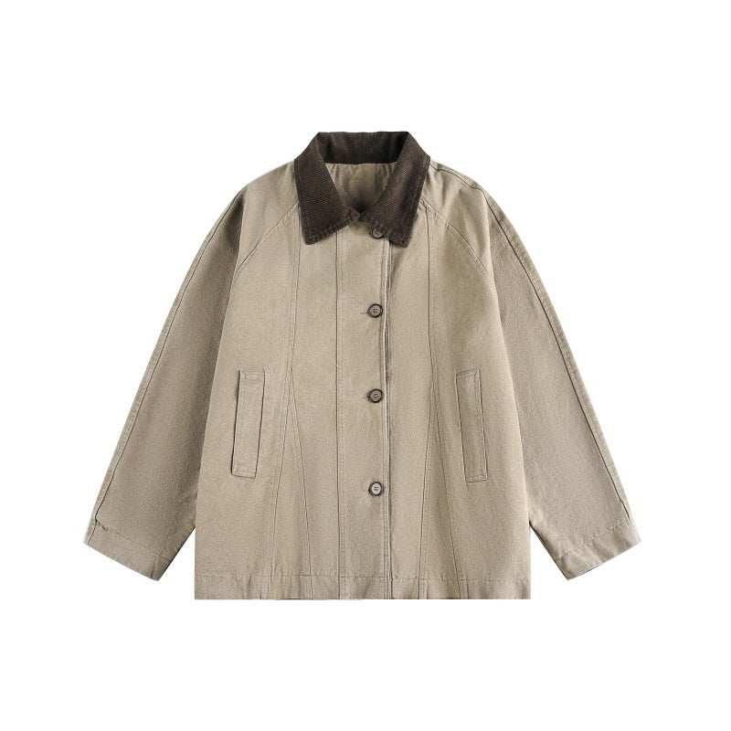 Unisex Short Cut Boxy Denim Jacket with Cord Collar and Tonal Decorative Stitches Mune Fashion