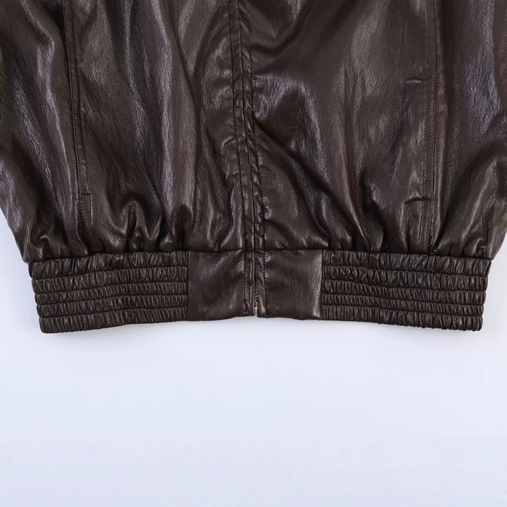 Women's Oversized Bomber Jacket in Leather Look with High Stand Collar and Gathered Waistband Mune Fashion