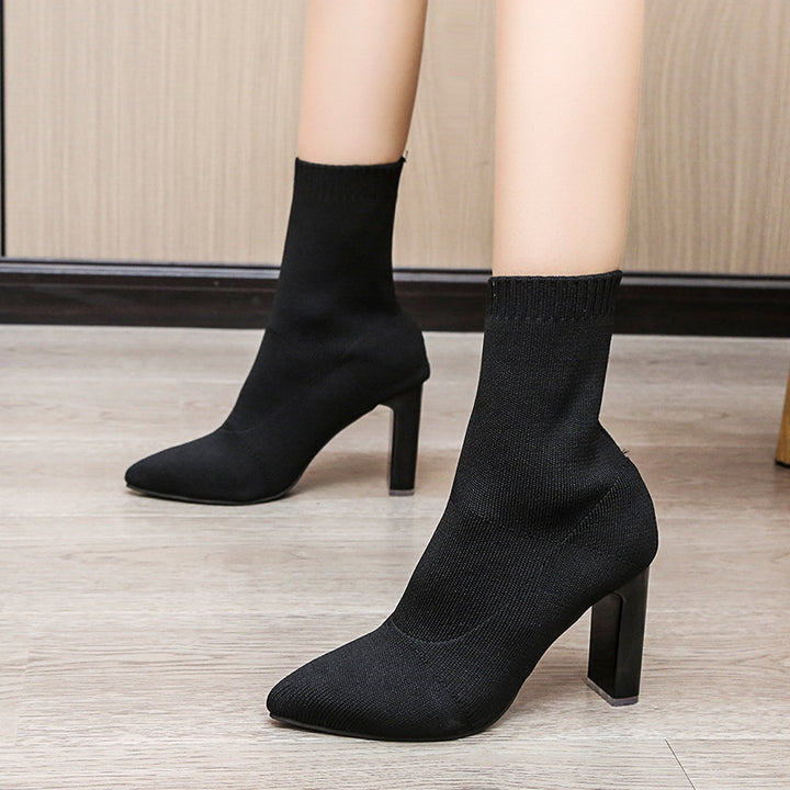 Women's knitted sock ankle boots with pointed toe and sculptural block heel Mune Fashion