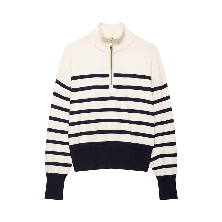 Women Striped Fine Knit Sweater with Half Zipper and Stand-up Collar Drune
