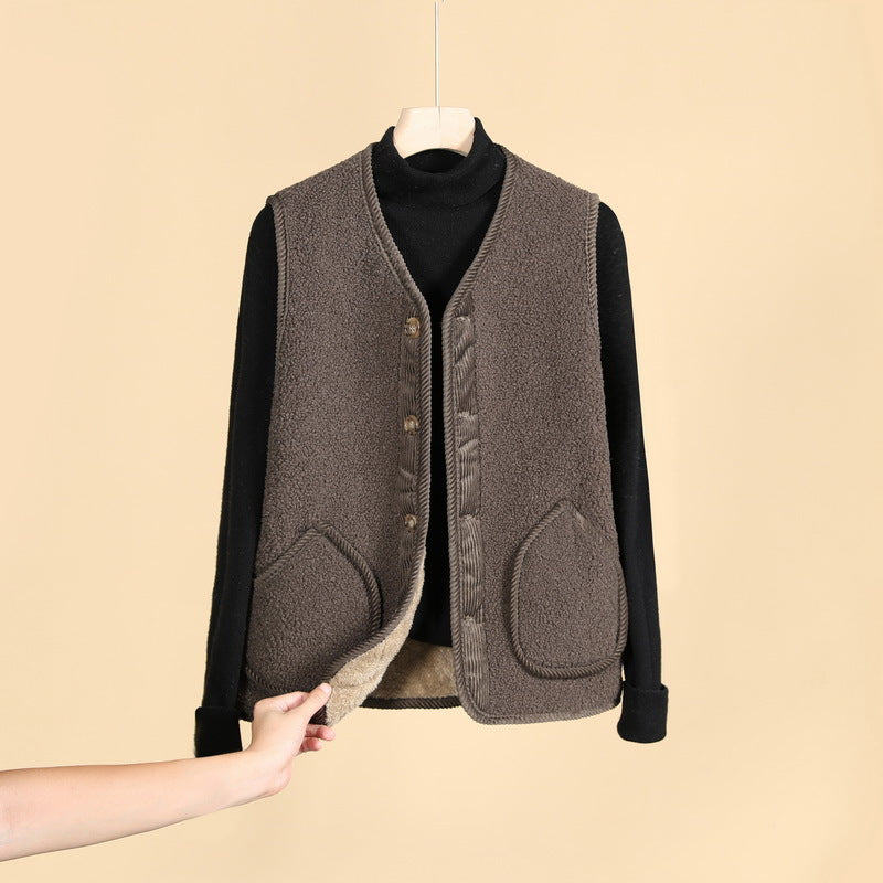 Women's Sleeveless Thermofleece Vest with Button Placket and Round Pockets Mune Fashion